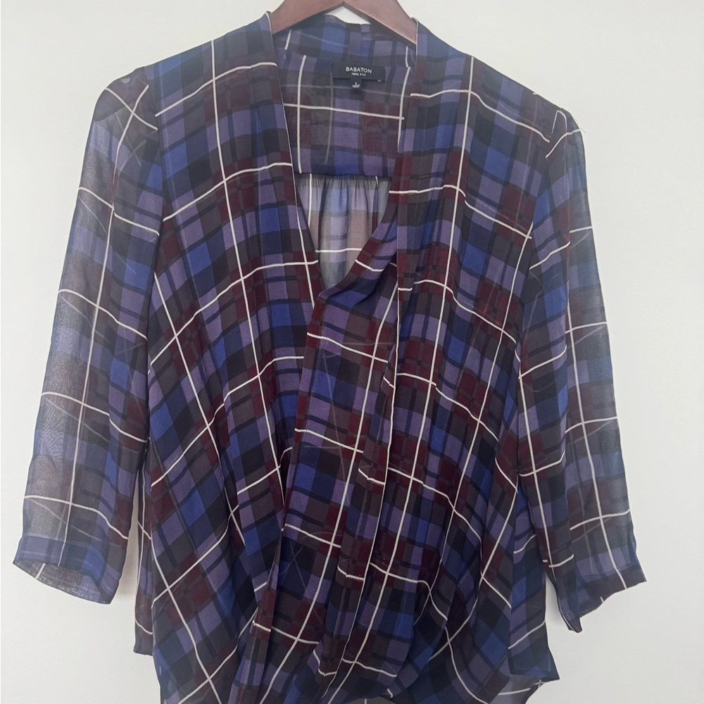 Babaton Blue and Red Wrap Blouse with Mandarin Collar